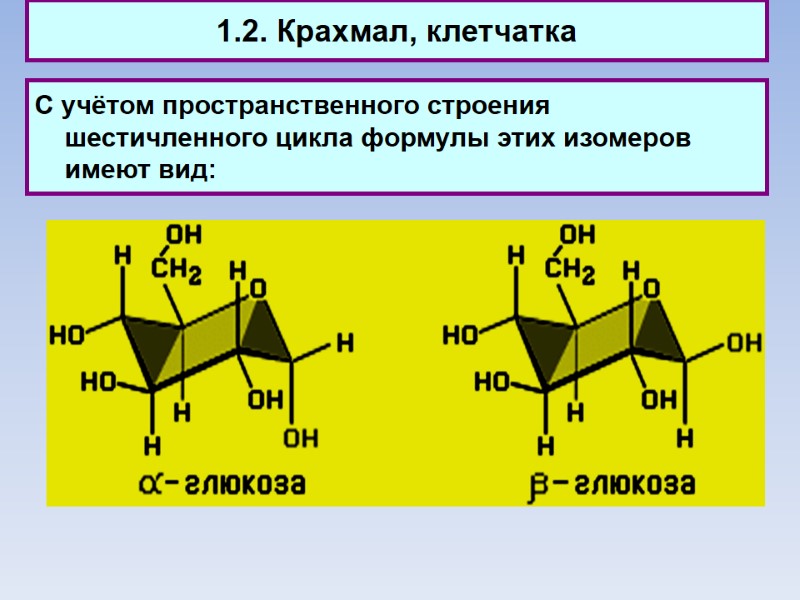 1.2. Крахмал, клетчатка С учётом пространственного строения шестичленного цикла формулы этих изомеров имеют вид: